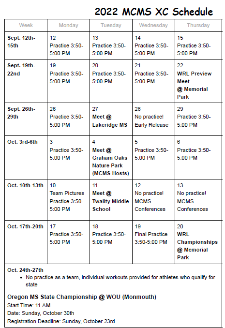 XC Schedule XC Schedule